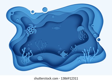 Paper cut butterflyfish, jellyfish, moonfish, turtle. Paper craft underwater ocean cave with fishes, coral reef, seabed in algae, waves. Diving concept, deep blue marine life. Vector sea wildlife.