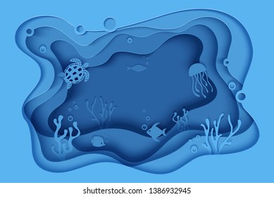 Paper cut butterflyfish, jellyfish, moonfish, turtle. Paper craft underwater ocean cave with fishes, coral reef, seabed in algae, waves. Diving concept, deep blue marine life. Vector sea wildlife