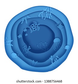 Paper cut butterflyfish, jellyfish, moonfish, turtle. Paper craft underwater ocean cave with fishes, coral reef, seabed in algae, waves. Diving concept, deep blue marine life. Vector sea wildlife.