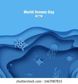 Paper cut butterflyfish, jellyfish, moonfish, turtle. Paper craft underwater ocean cave with fishes, coral reef, seabed in algae, waves. Diving concept, deep blue marine life. Vector sea wildlife