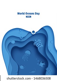 Paper cut butterflyfish, jellyfish, moonfish, turtle. Paper craft underwater ocean cave with fishes, coral reef, seabed in algae, waves. Diving concept, deep blue marine life. Vector sea wildlife