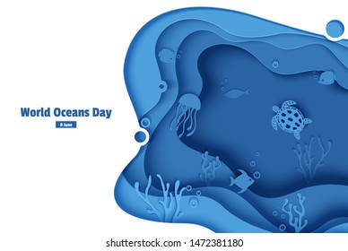 Paper cut butterflyfish, jellyfish, moonfish, turtle. Paper craft underwater ocean cave with fishes, coral reef, seabed in algae, waves. Diving concept, deep blue marine life. Vector sea wildlife