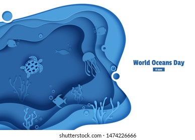 Paper cut butterflyfish, jellyfish, moonfish, turtle. Paper craft underwater ocean cave with fishes, coral reef, seabed in algae, waves. Diving concept, deep blue marine life. Vector sea wildlife