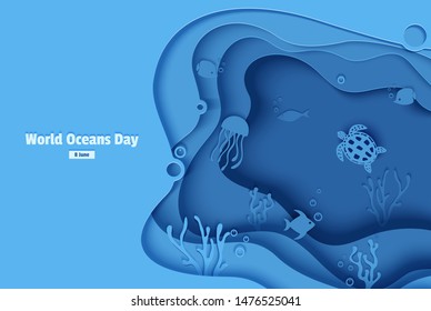 Paper cut butterflyfish, jellyfish, moonfish, turtle. Paper craft underwater ocean cave with fishes, coral reef, seabed in algae, waves. Diving concept, deep blue marine life. Vector sea wildlife.