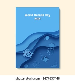 Paper cut butterflyfish, jellyfish, moonfish, turtle. Paper craft underwater ocean cave with fishes, coral reef, seabed in algae, waves. Diving concept, deep blue marine life. Vector sea wildlife