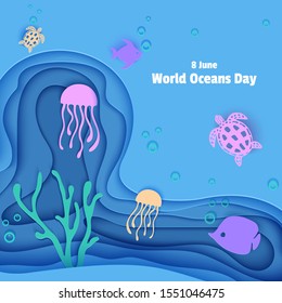 Paper cut butterflyfish, jellyfish, moonfish, turtle. Paper craft square background underwater ocean cave with fishes coral reef seabed in algae waves. Diving concept deep blue marine life, Vector sea
