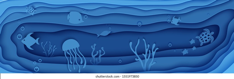 Paper cut butterflyfish, jellyfish, moonfish, turtle. Paper craft panorama underwater ocean cave with fishes coral reef seabed in algae waves. Diving concept deep blue marine life. Vector sea wildlife