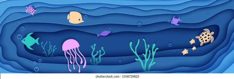 Paper cut butterflyfish, jellyfish, moonfish, turtle. Paper craft panorama underwater ocean cave with fishes coral reef seabed in algae waves. Diving concept deep blue marine life, Vector sea wildlife