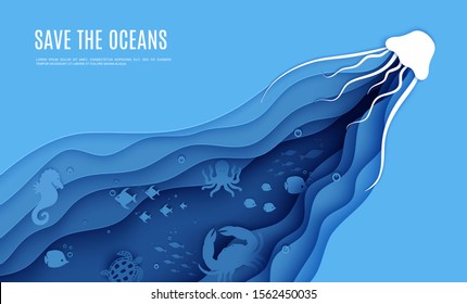 Paper cut butterflyfish, jellyfish, moonfish, turtle, hippocampus, crab, octopus. Paper craft background under ocean cave with fishes coral reef seabed in algae waves. Vector sea marine life concept