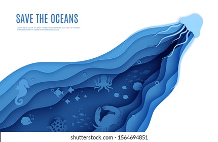 Paper cut butterflyfish, jellyfish, moonfish, turtle, hippocampus, crab, octopus. Paper craft background under ocean cave with fishes coral reef seabed in algae waves. Vector sea marine life concept