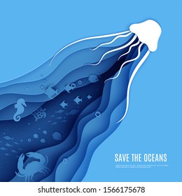 Paper cut butterflyfish, jellyfish, moonfish, turtle, hippocampus, crab, octopus. Paper craft square background under ocean cave with fishes coral reef seabed in algae waves. Vector sea marine life.