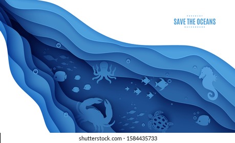 Paper cut butterflyfish, sea horse, moonfish, turtle, crab, octopus. Paper craft background under ocean cave with fishes coral reef seabed in algae waves. Vector sea marine life concept