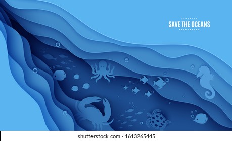 Paper cut butterflyfish, sea horse, moonfish, turtle, crab, octopus. Paper craft background under ocean cave with fishes coral reef seabed in algae waves. Vector sea marine life concept