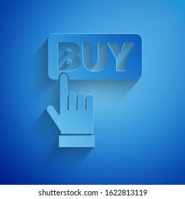 Paper cut Buy button icon isolated on blue background. Paper art style. Vector Illustration