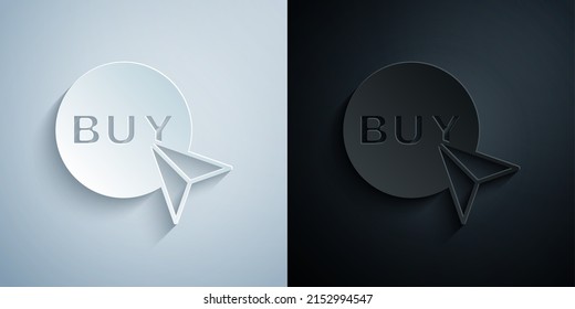 Paper cut Buy button icon isolated on grey and black background. Paper art style. Vector