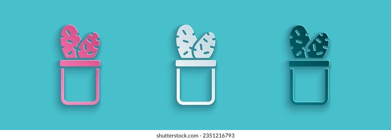 Paper cut Cactus peyote in pot icon isolated on blue background. Plant growing in a pot. Potted plant sign. Paper art style. Vector