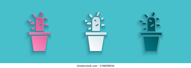 Paper cut Cactus and succulent in pot icon isolated on blue background. Plant growing in a pot. Potted plant sign. Paper art style. Vector Illustration