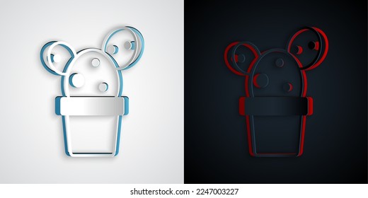 Paper cut Cactus and succulent in pot icon isolated on grey and black background. Plant growing in a pot. Potted plant sign. Paper art style. Vector