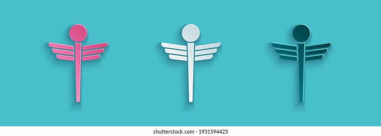 Paper cut Caduceus snake medical symbol icon isolated on blue background. Medicine and health care. Emblem for drugstore or medicine, pharmacy. Paper art style. Vector