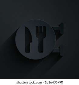 Paper cut Cafe and restaurant location icon isolated on black background. Fork and spoon eatery sign inside pinpoint. Paper art style. Vector.