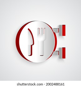 Paper cut Cafe and restaurant location icon isolated on grey background. Fork and spoon eatery sign inside pinpoint. Paper art style. Vector.