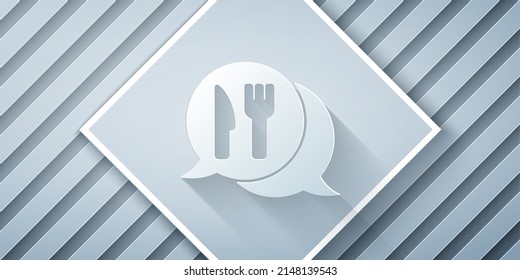 Paper cut Cafe and restaurant location icon isolated on grey background. Fork and spoon eatery sign inside pinpoint. Paper art style. Vector.