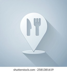 Paper cut Cafe and restaurant location icon isolated on grey background. Fork and spoon eatery sign inside pinpoint. Paper art style. Vector.
