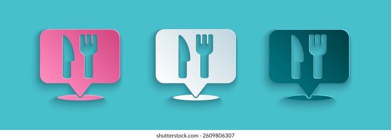Paper cut Cafe and restaurant location icon isolated on blue background. Fork and spoon eatery sign inside pinpoint. Paper art style. Vector.