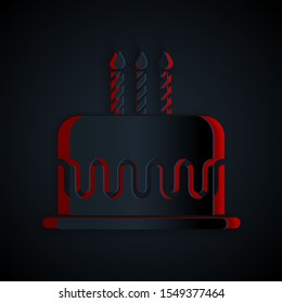 Paper cut Cake with burning candles icon isolated on black background. Happy Birthday. Paper art style. Vector Illustration