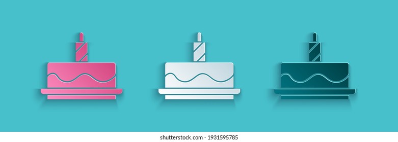 Paper cut Cake with burning candles icon isolated on blue background. Happy Birthday. Paper art style. Vector