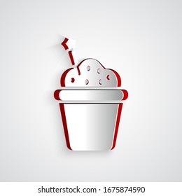 Paper cut Cake icon isolated on grey background. Happy Birthday. Paper art style. Vector Illustration