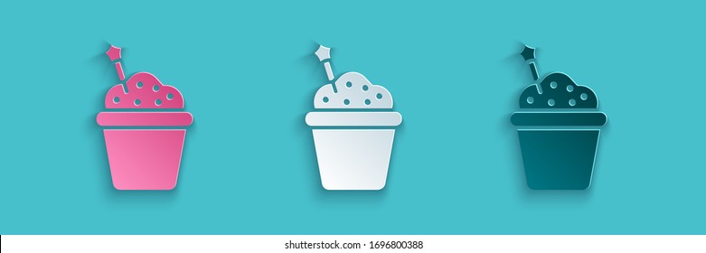 Paper cut Cake icon isolated on blue background. Happy Birthday. Paper art style. Vector Illustration