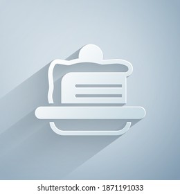 Paper cut Cake icon isolated on grey background. Happy Birthday. Paper art style. Vector