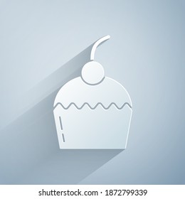 Paper cut Cake icon isolated on grey background. Happy Birthday. Paper art style. Vector