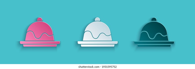 Paper cut Cake icon isolated on blue background. Happy Birthday. Paper art style. Vector