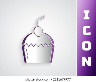 Paper Cut Cake Icon Isolated On Grey Background. Happy Birthday. Paper Art Style. Vector
