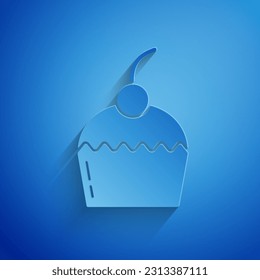 Icono del pastel de papel aislado en fondo azul. Feliz cumpleaños. Estilo de arte de papel. Vector