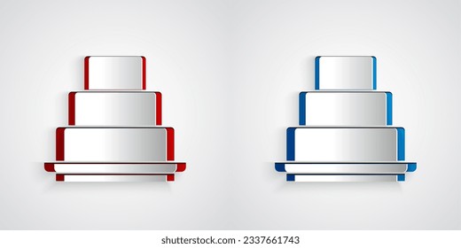 Paper cut Cake icon isolated on grey background. Happy Birthday. Paper art style. Vector