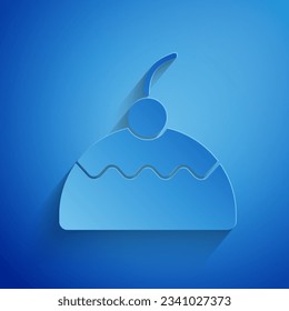 Paper cut Cake icon isolated on blue background. Happy Birthday. Paper art style. Vector