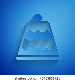 Paper cut Cake icon isolated on blue background. Happy Birthday. Paper art style. Vector