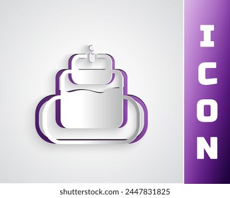 Paper cut Cake icon isolated on grey background. Happy Birthday. Paper art style. Vector