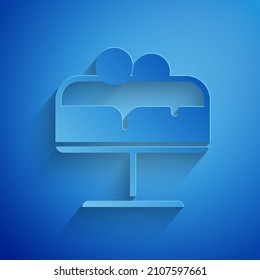 Paper cut Cake on plate icon isolated on blue background. Happy Birthday. Paper art style. Vector