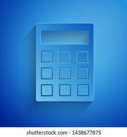 Paper cut Calculator icon isolated on blue background. Accounting symbol. Business calculations mathematics education and finance. Paper art style. Vector Illustration