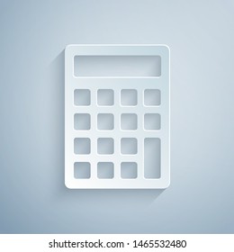 Paper cut Calculator icon isolated on grey background. Accounting symbol. Business calculations mathematics education and finance. Paper art style. Vector Illustration