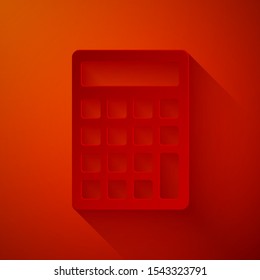 Paper cut Calculator icon isolated on red background. Accounting symbol. Business calculations mathematics education and finance. Paper art style. Vector Illustration