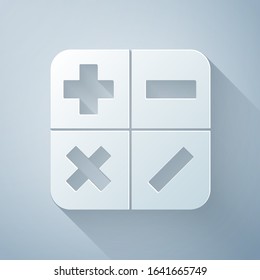 Paper cut Calculator icon isolated on grey background. Accounting symbol. Business calculations mathematics education and finance. Paper art style. Vector Illustration
