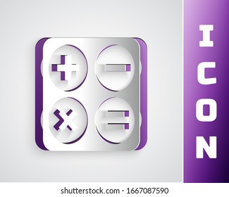 Paper cut Calculator icon isolated on grey background. Accounting symbol. Business calculations mathematics education and finance. Paper art style. Vector Illustration