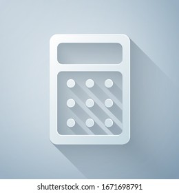 Paper cut Calculator icon isolated on grey background. Accounting symbol. Business calculations mathematics education and finance. Paper art style. Vector Illustration