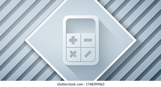 Paper cut Calculator icon isolated on grey background. Accounting symbol. Business calculations mathematics education and finance. Paper art style. Vector Illustration