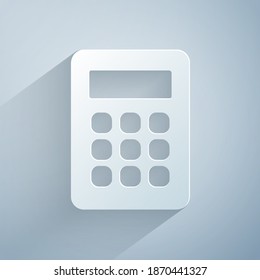 Paper cut Calculator icon isolated on grey background. Accounting symbol. Business calculations mathematics education and finance. Paper art style. Vector